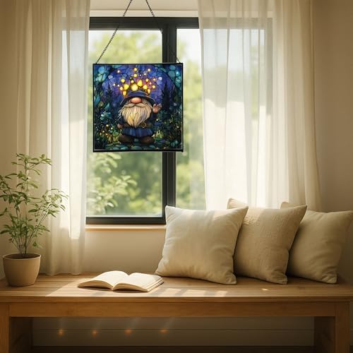 Firefly Crown Gnome Stained Glass Suncatcher – Square Hanging Window Panel for Home or Greenhouse – Whimsical Glass Art Gift for Garden Lovers, Christmas, Halloween, Father Days 8nQygN - Image 7