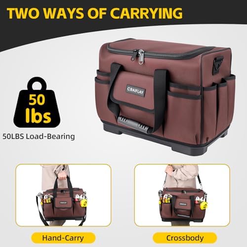 19-Inch Tool Bags For Men Heavy Duty, 29 Pockets Large Tool Organizer Bag with Hard Plastic Bottom & Waterproof Oxford, Electrician Tool Bag for HVAC Mechanic Contractor Construction Work - Image 6