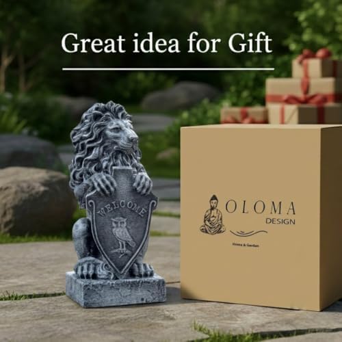 OLOMA Lion Welcome Concrete Statue Cement Guardian Figurine Outdoor Garden Sculpture Leo Handmade Decor Front Porch Entryway Patio Yard Lawn Ornament Front Door Gothic Art - Image 6