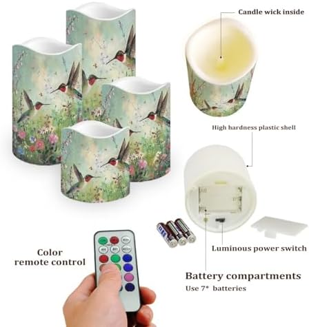 Green Hummingbird Flameless Candles with Remote Timer Flickering LED Pillar Candles Color Changing Set of 4 Battery Operated Candles Indoor Outdoor Home Table Beach Wedding Decoration - Image 3