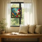 Gnome and Hummingbird Stained Glass Suncatcher – Square Hanging Window Panel for Home or Greenhouse – Whimsical Glass Art Gift for Garden Lovers, Christmas, Halloween, Father Days BoR1o4 - Image 7