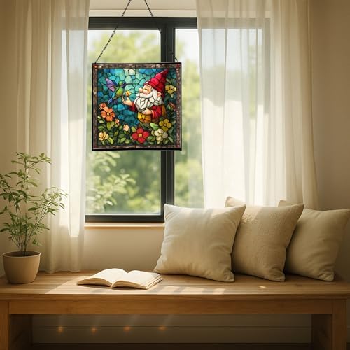 Gnome and Hummingbird Stained Glass Suncatcher – Square Hanging Window Panel for Home or Greenhouse – Whimsical Glass Art Gift for Garden Lovers, Christmas, Halloween, Father Days BoR1o4 - Image 7