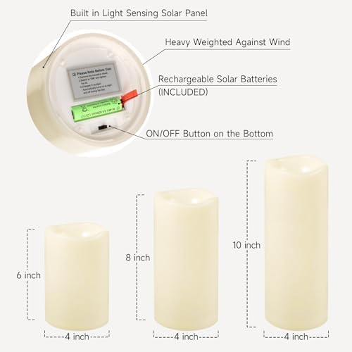 Large Waterproof Outdoor Solar Flameless Candles, 6" 8" 10" x 4" - 3 Pack - Image 7
