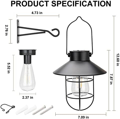 pearlstar Solar Lanterns Outdoor Metal Solar Powered Hanging Lights Waterproof for Wall Barn Yard Garden Patio Garage Balcony Porch Fence Decor, Warm White Edison Bulb (Black-2pack) - Image 5
