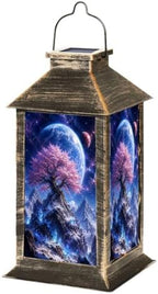 Solar Hanging Lantern Cosmic Fantasy Tree Pink Blossom Flowers Snowy Crystal Mountains Blue Waterproof LED Lights Decor Patio Yard Lawn Porch Lamp, Birthday Gift for Mom Women Garden Outdoor Decor by Unknown