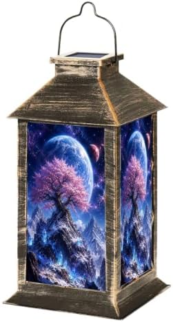 Solar Hanging Lantern Cosmic Fantasy Tree Pink Blossom Flowers Snowy Crystal Mountains Blue Waterproof LED Lights Decor Patio Yard Lawn Porch Lamp, Birthday Gift for Mom Women Garden Outdoor Decor by Unknown