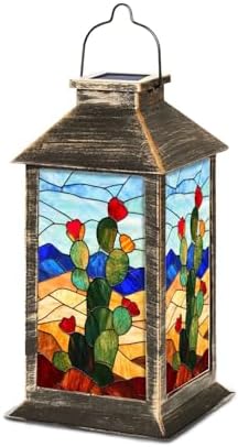 Solar Lantern Majestic Mountains Western Film Style Stained Glass Outdoor Waterproof Garden Hanging Lantern Solar Powered Lighting Outside Table Lamp for Patio Deck Camping 1 Pack by Unknown