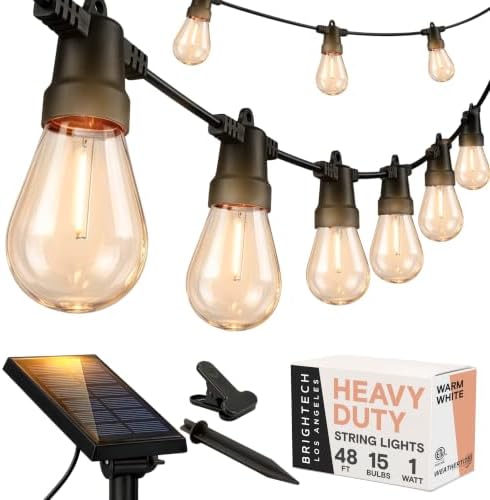 Brightech Ambience Pro Solar Powered Outdoor String Lights, 48 ft Commercial Grade Waterproof Patio Lights, 15 Edison Bulbs, Shatterproof LED String Lights for Outside, Porch - 1W Warm White by Brightech