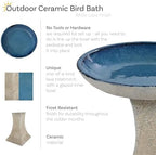 Sunnydaze Ceramic Bird Bath Bowl,16” H, Blue Glaze Basin, White Lava Finish - Image 2