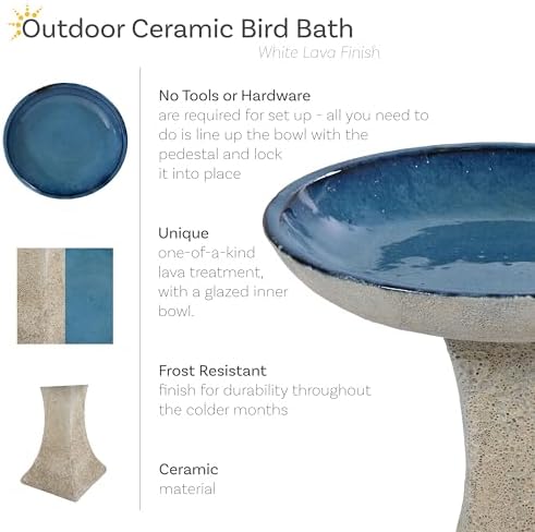 Sunnydaze Ceramic Bird Bath Bowl,16” H, Blue Glaze Basin, White Lava Finish - Image 2