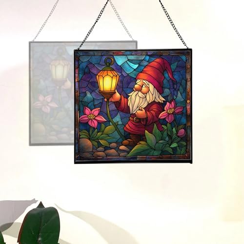 Candlelight Gnome Night Stained Glass Suncatcher – Square Hanging Window Panel for Home or Greenhouse – Whimsical Glass Art Gift for Garden Lovers, Christmas, Halloween, Father Days H1M9Wh - Image 4