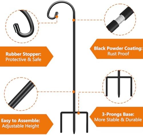 Gtongoko 32 Inch Shepherd Hooks for Outdoor 8 Pack, Adjustable Garden Hooks for Hanging Plants, Lanterns, Solar Lights, Mason Jars & Wedding Decor, Matte Black Decorative Shepherd’s Hooks - Image 4
