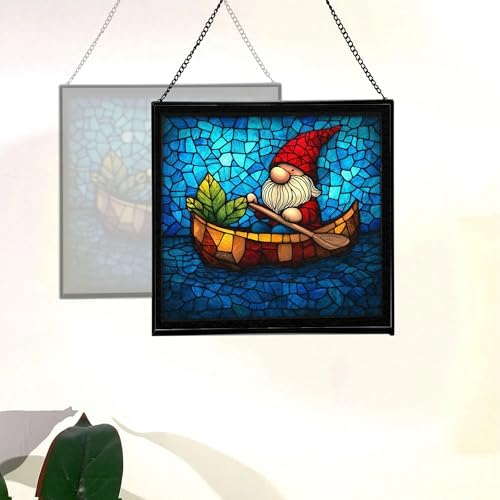 Gnome Canoe Ride Stained Glass Suncatcher – Square Hanging Window Panel for Home or Greenhouse – Whimsical Glass Art Gift for Garden Lovers, Christmas, Halloween, Father Days zv6fI0 - Image 4