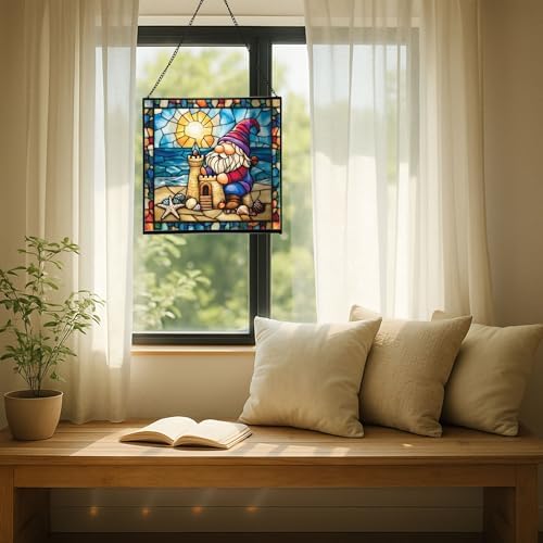 Beach Day Gnome Stained Glass Suncatcher – Square Hanging Window Panel for Home or Greenhouse – Whimsical Glass Art Gift for Garden Lovers, Christmas, Halloween, Father Days 0y3Ubp - Image 7