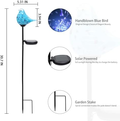 Solar Garden Stake, Hand-Blown Glass Bluebird Light Outdoor Garden Decor - Image 2
