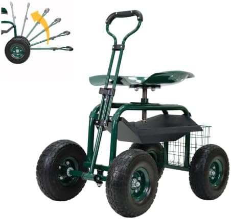 Rolling Garden Cart with Wheels, Gardening Stool with Basket,Adjustable Steering Handle, 360 Degree Swivel Seat for Yard,Patio,and Outdoor by PLKO