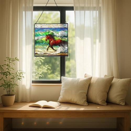 Dark Bay Thoroughbred Horse galloping along wind-cut shore Square Suncatcher – Stained Glass Style Window Panel with Pastoral Scene, Custom Decorative Hanging Art for Equestrian Home, Christmas TqsAq5 - Image 7