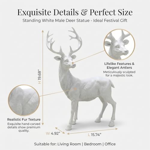 Resin 19.68 Inch Height Standing Deer Statue Animals Sculpture Garden Art Decor Yard Ornament Lawn Garden Outdoor Patio Decoration Figurine White - Image 3