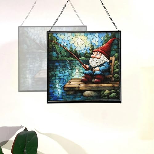 Fishing Gnome by The Lake Stained Glass Suncatcher – Square Hanging Window Panel for Home or Greenhouse – Whimsical Glass Art Gift for Garden Lovers, Christmas, Halloween, Father Days RUy8OS - Image 4