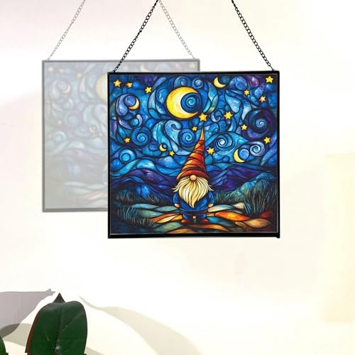 Starry Night Gnome Stained Glass Suncatcher – Square Hanging Window Panel for Home or Greenhouse – Whimsical Glass Art Gift for Garden Lovers, Christmas, Halloween, Father Days YZdsYX - Image 4