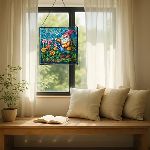 Gnome with Watering Pot Stained Glass Suncatcher – Square Hanging Window Panel for Home or Greenhouse – Whimsical Glass Art Gift for Garden Lovers, Christmas, Halloween, Father Days kgoPbt - Image 7