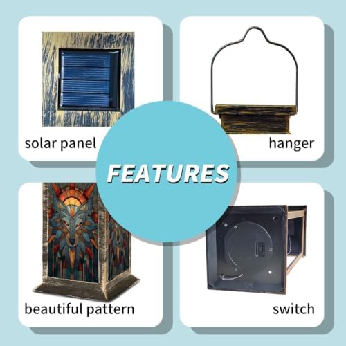 Solar Lantern Mid Century Wolf Stained Glass Outdoor Waterproof Garden Hanging Lantern Solar Powered Lighting Outside Solar Light for Patio Yard Camping, Gifts for Women Mom - Image 5
