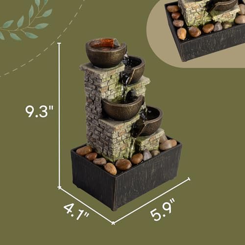 Haobos Indoor Waterfall Fountain 4-Tier Cascading Bowl Home Décor Relaxation Water Zen Meditation Tabletop Fountain Artistic Desk Fountains with LED/Rocks Home/Office Decoration - Image 3