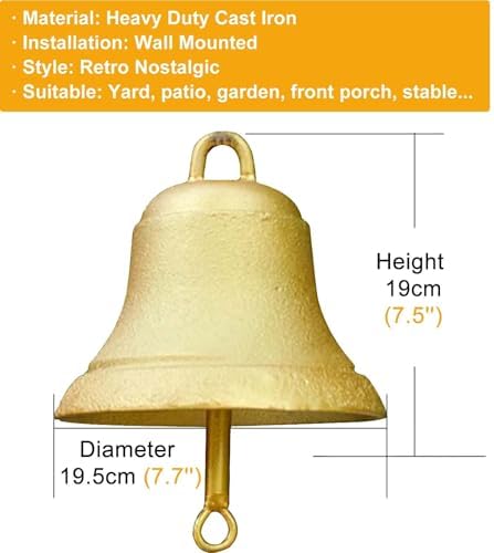 GTPBAO Antique Golden Cast Iron Door Bell, Large Service Bells for Homes Kitchen Grocery Patio, Weatherproof Dinner Bell(Bell 19.5cm/7.7in) - Image 2