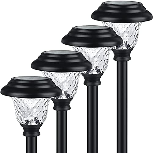 Glass Solar Lights Outdoor waterproof, 4 Pack Super Bright Solar Pathway Lights, Up to 12 Hrs Long Last Auto On/Off Garden Lights Solar Powered, Stainless Steel LED Light For Yard Landscape Cool White by Balhvit