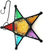 Windproof Tealight Holder Antique Multicolored Glass Moroccans Styles Home Garden Hanging Lamp Ornament Gift Colored Glass Wind Lamp Holder by Unknown