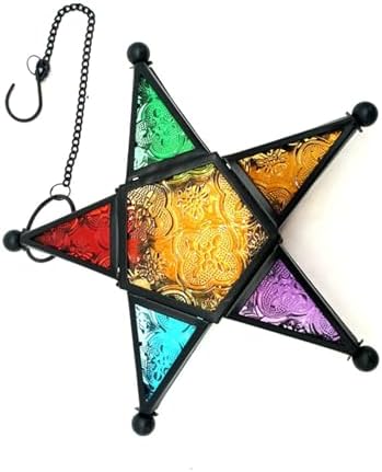 Windproof Tealight Holder Antique Multicolored Glass Moroccans Styles Home Garden Hanging Lamp Ornament Gift Colored Glass Wind Lamp Holder by Unknown