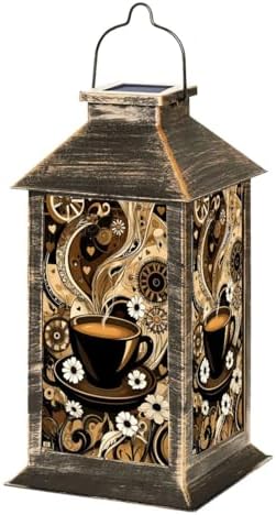 Solar Lantern Outdoor Garden Hanging Lantern Steaming Coffee Cup Abstract Brown Black Swirls Flowers Hearts Waterproof Solar Powered Lighting Outside Table Lamp for Patio Deck Yard Camping by Unknown