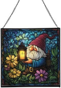 Candlelight Gnome Night Stained Glass Suncatcher – Square Hanging Window Panel for Home or Greenhouse – Whimsical Glass Art Gift for Garden Lovers, Christmas, Halloween, Father Days fqYaay by Custom