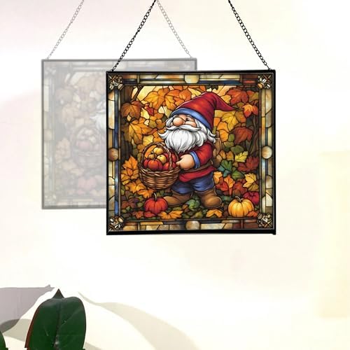 Autumn Harvest Gnome Stained Glass Suncatcher – Square Hanging Window Panel for Home or Greenhouse – Whimsical Glass Art Gift for Garden Lovers, Christmas, Halloween, Father Days NXugt7 - Image 4