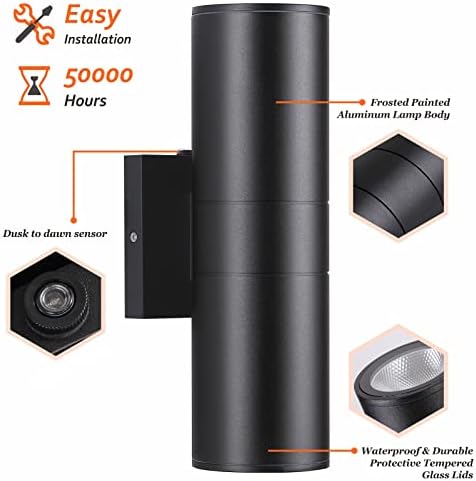 DAKAFUL Dusk to Dawn Outdoor Lighting Sensor Wall Lights 2Pack, 12W 2700K Integrated LED Cylinder Up Down Lights Outdoor, IP65 Waterproof Aluminum Wall Sconce Exterior Wall Light for Porch Patio etc. - Image 6