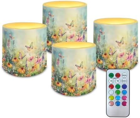 4 Packs Flameless LED Battery Candles with Colored Light Watercolor Sunflower Daisy Flower Waterproof Pillar Fake Candles with Remote for Wedding Beach Party Decor Home Decoration by Unknown