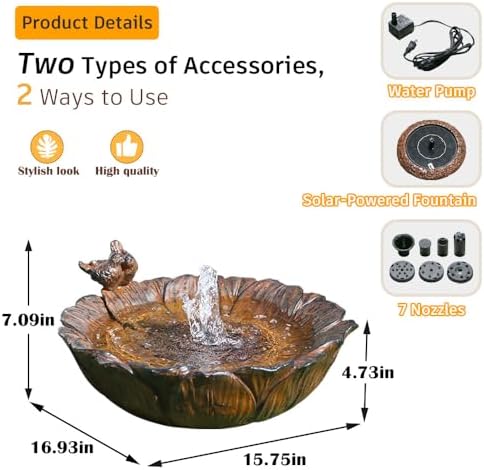 Outdoor Solar Bird Bath with Water Pump Fountain, Two Usage Modes for Hummingbird, 16.9" W Solar Powered Birdbath, Sunflower with Bird, 7 nozzles Water Feature for Garden Backyard Decor (Brown) - Image 4
