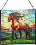 Bay Lusitano Horse Standing ATOP Hill at Sunset Square Suncatcher – Stained Glass Style Window Panel with Pastoral Scene, Custom Decorative Hanging Art for Equestrian Home, Christmas viOc1b by Custom