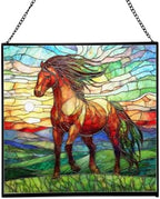 Bay Lusitano Horse Standing ATOP Hill at Sunset Square Suncatcher – Stained Glass Style Window Panel with Pastoral Scene, Custom Decorative Hanging Art for Equestrian Home, Christmas viOc1b by Custom