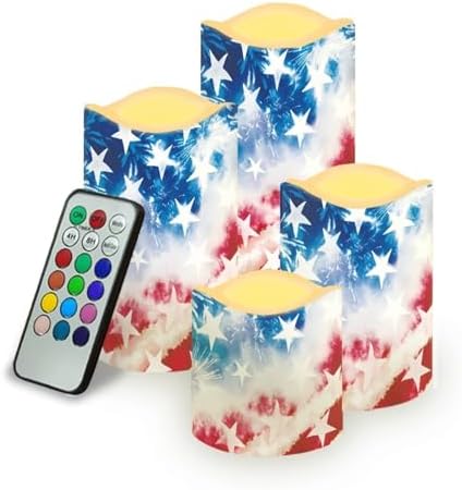 The Stars and Stripes Flameless Candle with Remote Control Electric LED Pillar Candle Timer Color Changing Long Lasting Pack of 4 Battery Candles Patriotic Decoration by Uorisanigo
