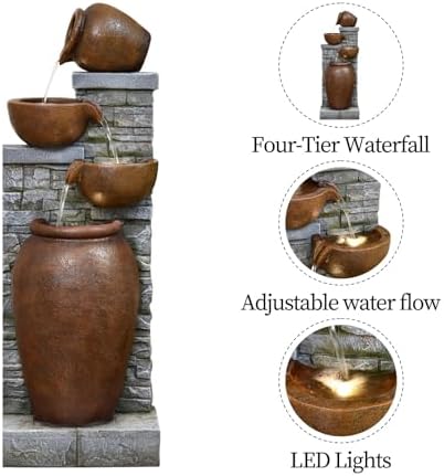 42.52" Outdoor Garden Water Fountain with Lights, 4 Tiers Water Feature - Image 3