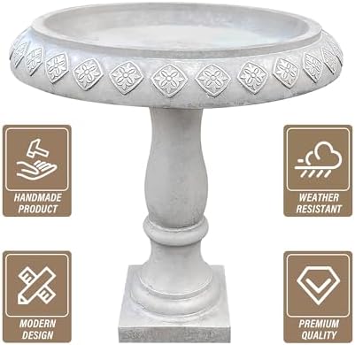 Kante 24.25 Inch Tall Handmade Concrete Birdbath, Elegant Outdoor Garden and Backyard Decor, Textured - Image 7