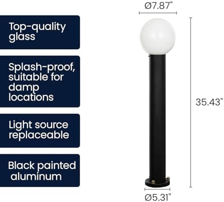 35.5" Outdoor Post Light, Modern Outside Bollard Light with Opal Glass Globe, Black Aluminum Pathway Lamp Post Light for Walkway Driveway Patio Garden, Hardwired, E26 Bulb Not Included - Image 4