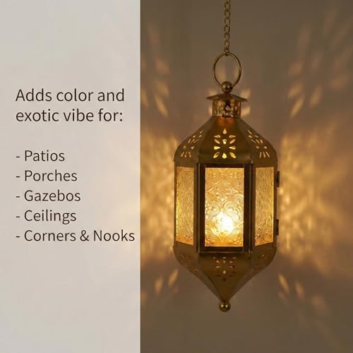 Vela Lanterns Hanging Moroccan Lamp - Exotic Decorative Patio & Porch Decor, Indoor Outdoor Tea Light Candle Lantern Holder with Chain (11" Medium, Gold, 3-Pack) - Image 4