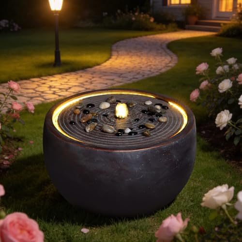 12.2" Outdoor Water Fountain, Modern Round Bowl Ripple Design, Outdoor Freestanding Water Fountain with LED Lights and Pump, Garden Water Feature, Polyresin Stone Finish, Pink Purple by FammyLoft