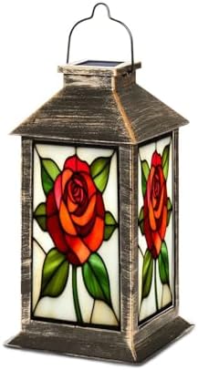 Solar Lantern Rose Floral Stained Glass Night Light Petals Outdoor Garden Hanging Lantern Waterproof Solar Powered Lighting Outside Table Lamp for Deck Yard Camping Patio Decor by Unknown