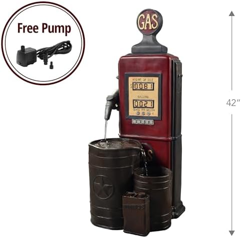 Peaktop Teamson Home Vintage Gas Station Statue 3 Tiered Floor Waterfall Fountain with Pump for Outdoor Patio Garden Backyard Decking, 42 Inch Height, Dark Red - Image 3