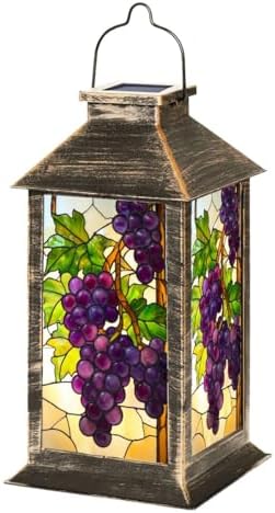 Solar Lantern Outdoor Garden Hanging Lantern Stained Glass Grape Vine Purple Grapes Green Leaves Grapevine Waterproof Solar Powered Lighting Outside Table Lamp for Patio Deck Yard Camping by Unknown