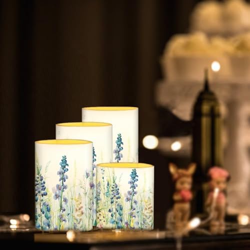 Pack of 4 Flickering Flameless Candles Bulk with Remote Outdoor Battery Operated LED Candles with Timer Elictric Pillar Lights for Beach Coastal Home Decoration, Floral Green Leaves - Image 3