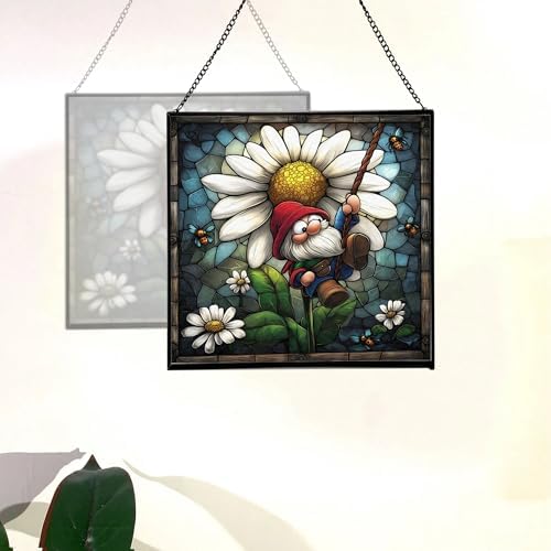 Gnome and Daisy Swing Stained Glass Suncatcher – Square Hanging Window Panel for Home or Greenhouse – Whimsical Glass Art Gift for Garden Lovers, Christmas, Halloween, Father Days eoMJv6 - Image 4